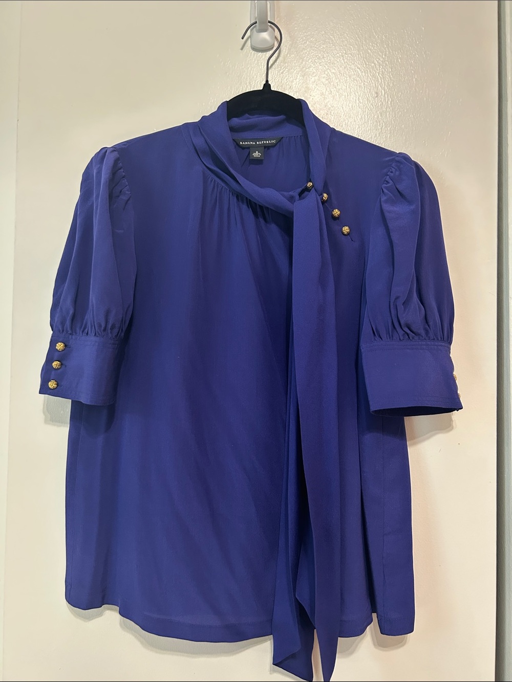 Banana Republic Royal Purple Tie-Neck Puff Sleeve Blouse